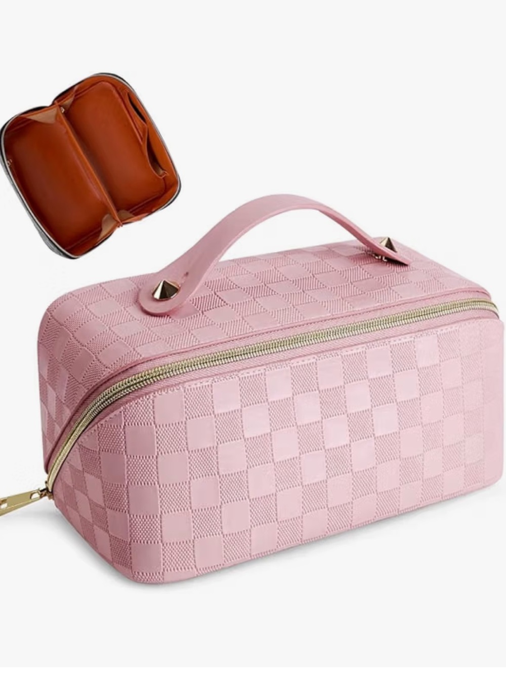 Pink Checkered Travel Cosmetic Case with Top Handle